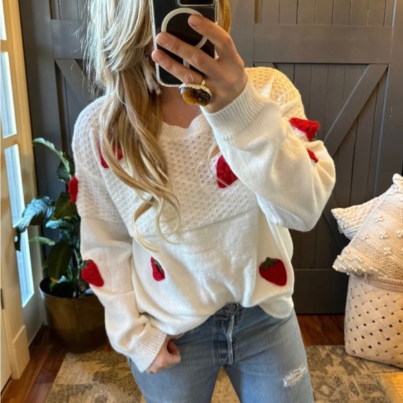 New Farmers Market Strawberry Embroidered  Crochet White Knit Sweater Top - Picture 4 of 9
